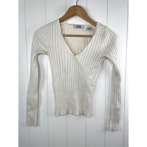 Vintage Q&A Deep‎ V Ribbed Long Sleeve White Top Size S